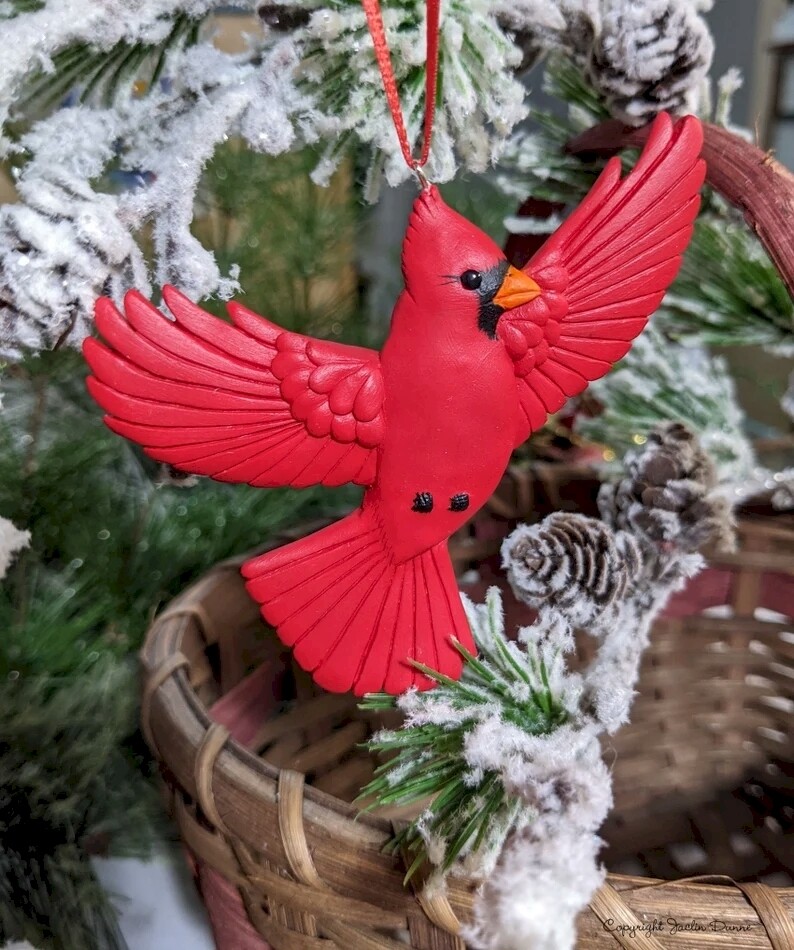 Northern Cardinal in Flight | Hand Painted Christmas Ornament, Decorative Magnet