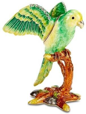 Green and Yellow Parrot Perching on Branch Trinket Box