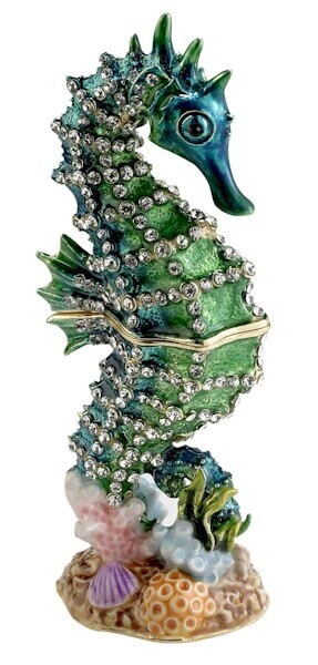 Aqua and Green Seahorse with Crystals Trinket Box