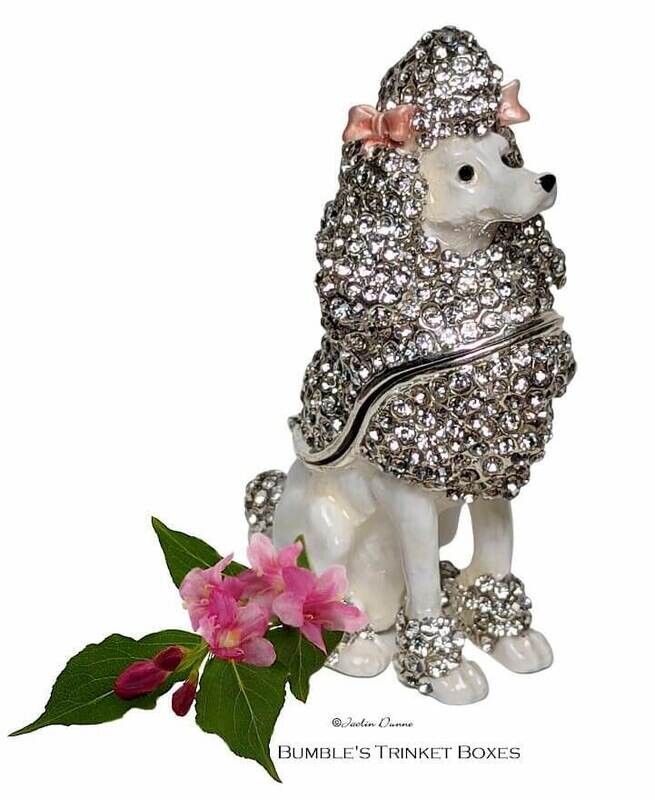 Pretty White Poodle with Pink Bows Trinket Box