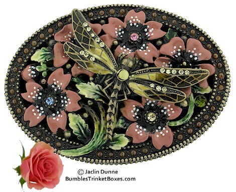 Oval Dragonfly Trinket Box with Pink Flowers