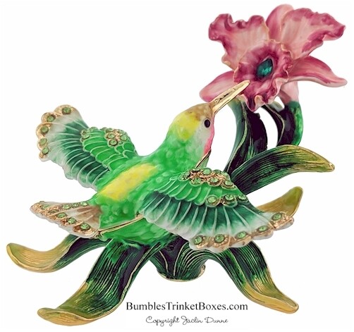 Yellow Green Hummingbird At The Orchid Trinket Box