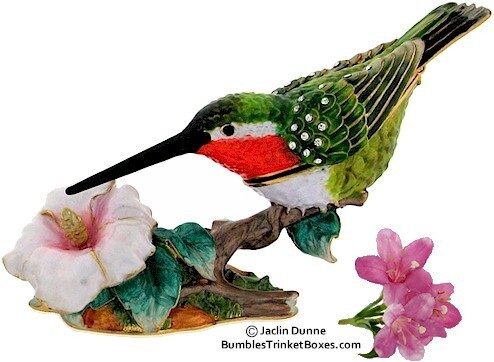 Blue Hummingbird at Flower Trinket Box