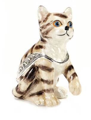 Striped Kitten with Paw Raised Trinket Box