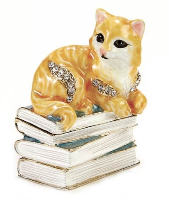 Miniature Kitten on a Stack of Books Trinket Box