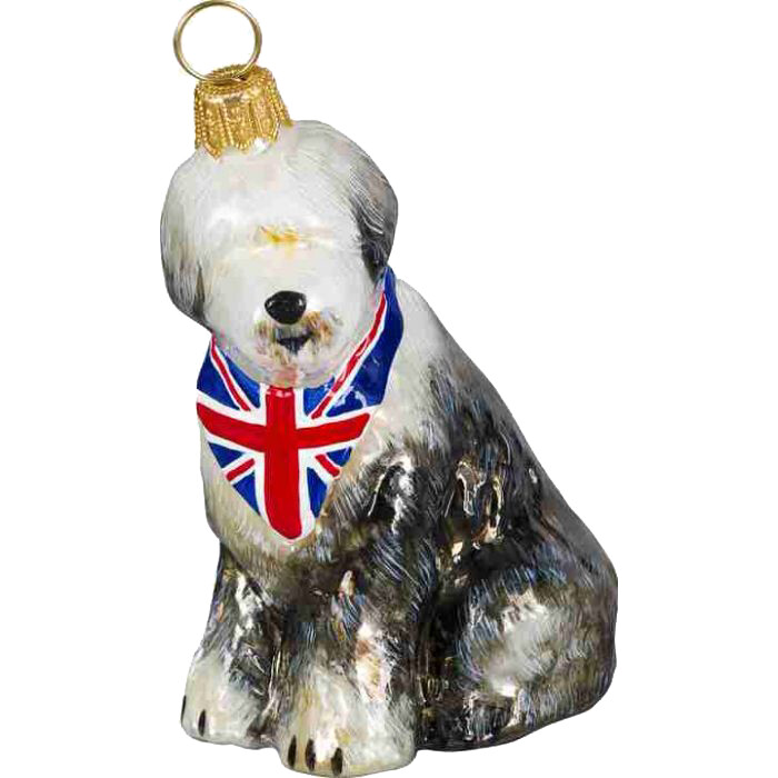 Old English Sheepdog with Bandana - European Blown Glass Christmas Ornament