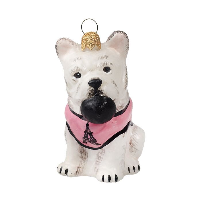 French Bulldog- White with Parisian Sweater and Beret - European Blown Glass Christmas Ornament