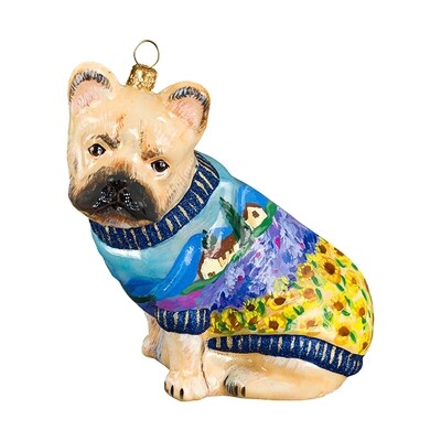 French Bulldog- Fawn with  Provence Sweater - European Blown Glass Christmas Ornament