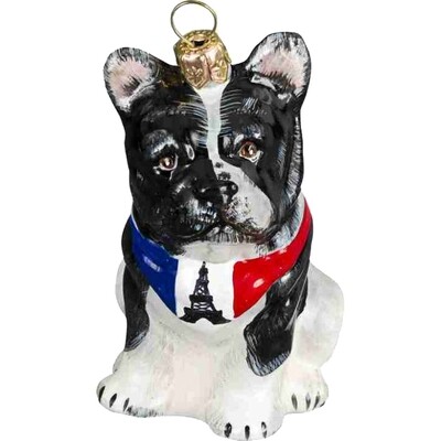 French Bulldog with Parisian Bandana - European Blown Glass Christmas Ornament