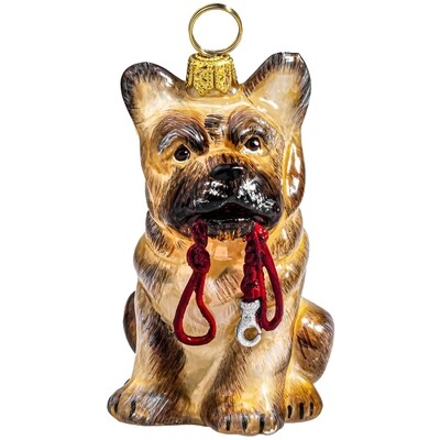French Bulldog - Cream with Leash - European Blown Glass Christmas Ornament