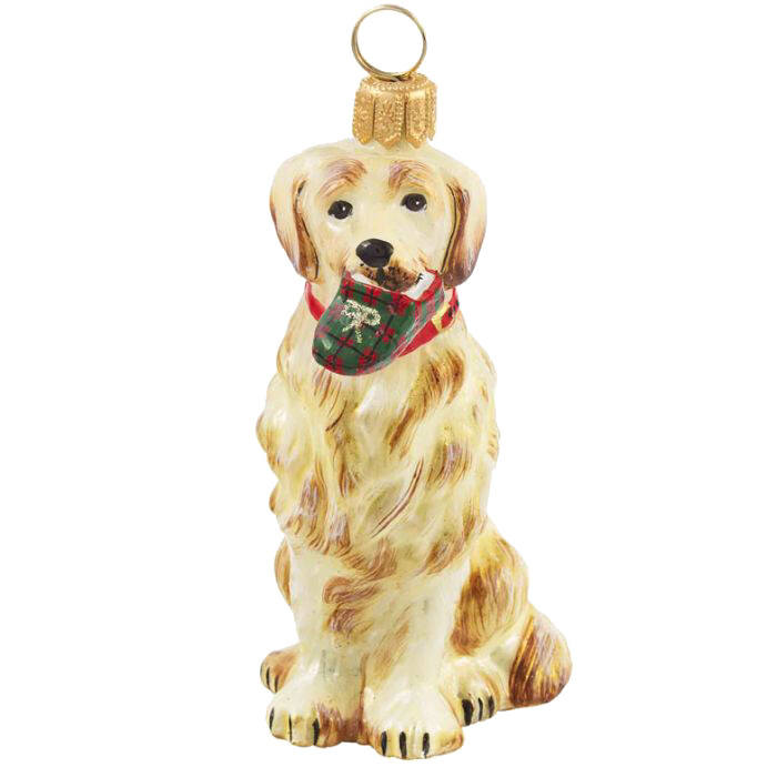 Golden Retriever with Tartan Plaid Slipper - European Blown Glass Christmas Ornament