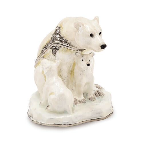 Bejeweled MAMA BEAR with AVA & ASHER Polar Bears Trinket Box