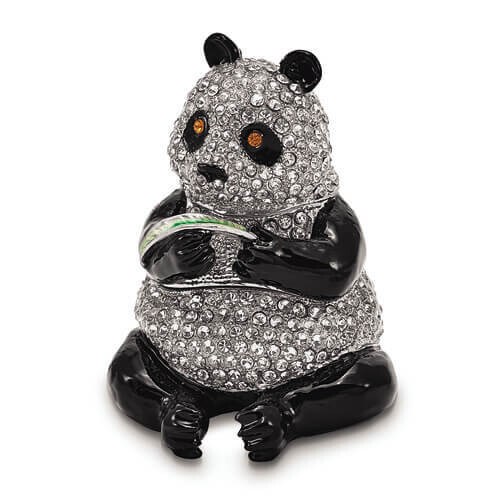 Bejeweled LING LING Panda Bear w/Leaf Trinket Box