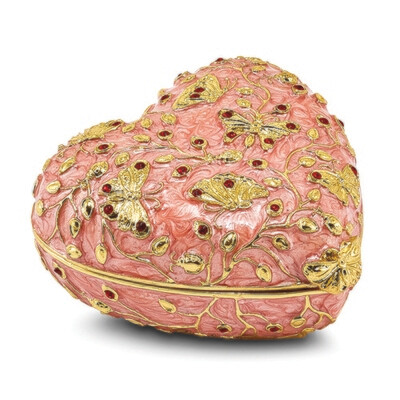 Bejeweled BUTTERFLY KISSES Pink Heart Trinket Box
