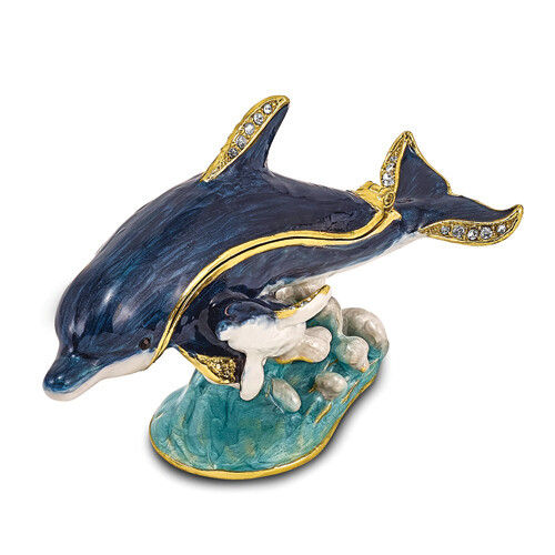 Bejeweled DOLLY & DYLAN Blue Dolphin & Baby Trinket Box