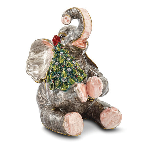 Bejeweled ELROY Elephant with Christmas Tree Trinket Box
