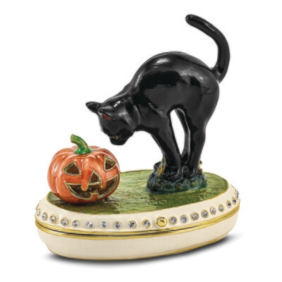 Bejeweled SPOOKY Black Cat & Pumpkin Trinket Box