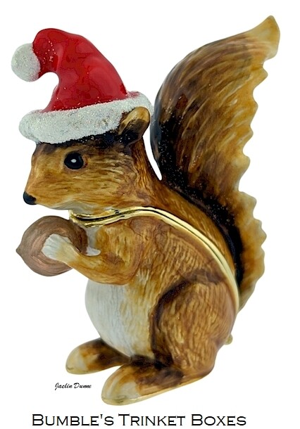 Red Squirrel with Santa Hat Holding a Walnut Trinket Box