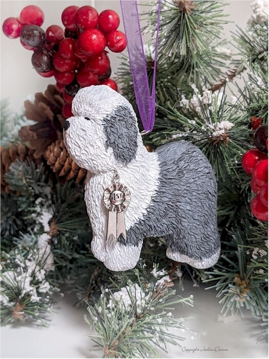 Old English Sheepdog 1st Place Show Ribbon or Tied Bow Charm | Hand Painted OES Christmas Ornament & Decorative Magnet
