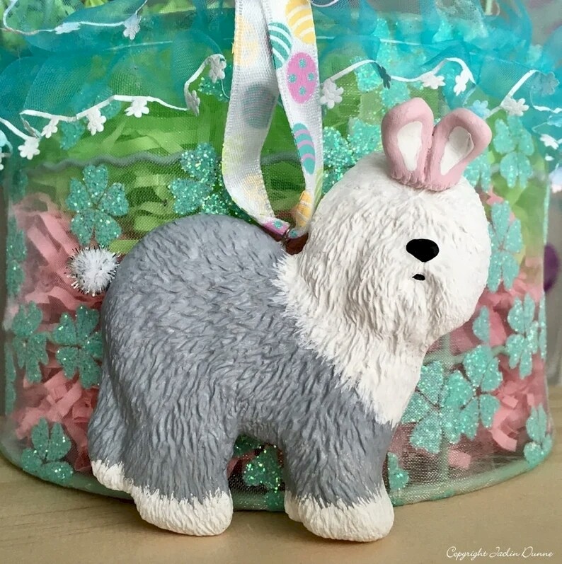 Old English Sheepdog Easter Bunny | Hand Painted Ornament & Decorative Magnet