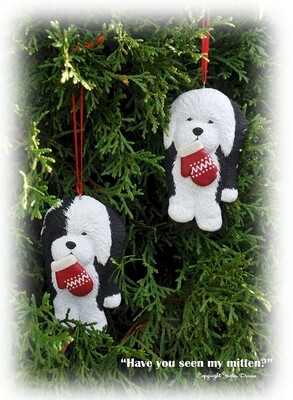 Old English Sheepdog Puppy- "Have You Seen My Mitten?" | Hand Painted Christmas Ornament