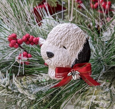Old English Sheepdog Puppy's 1st Christmas Head | Hand Painted Ornament & Decorative Magnet