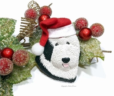 Old English Sheepdog Puppy's First Christmas - A Santa Baby | Hand Painted OES Christmas Ornament & Decorative Magnet