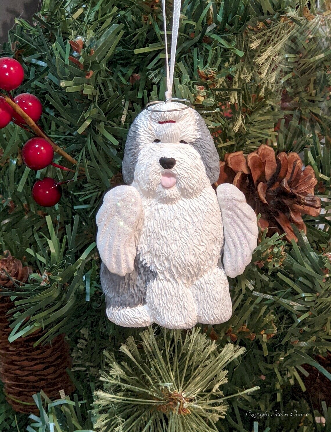Old English Sheepdog Sitting Angel #2 | Hand Painted Old English Sheepdog Angel Christmas Ornament & Decoration- Memorial, Remembrance Gift