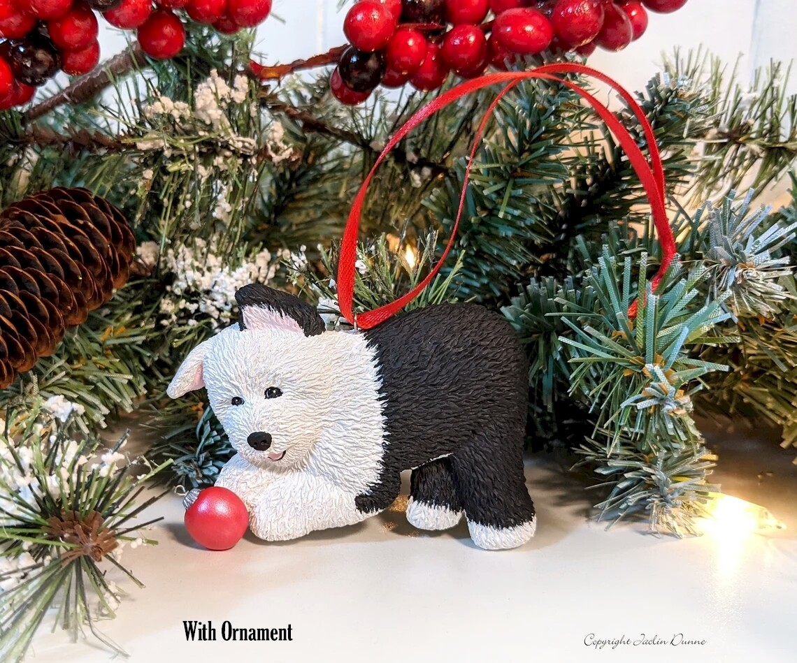 Playful Old English Sheepdog Puppy, "Honey, are you Watching the Puppy?", Hand Painted Ornament & Decorative Magnet