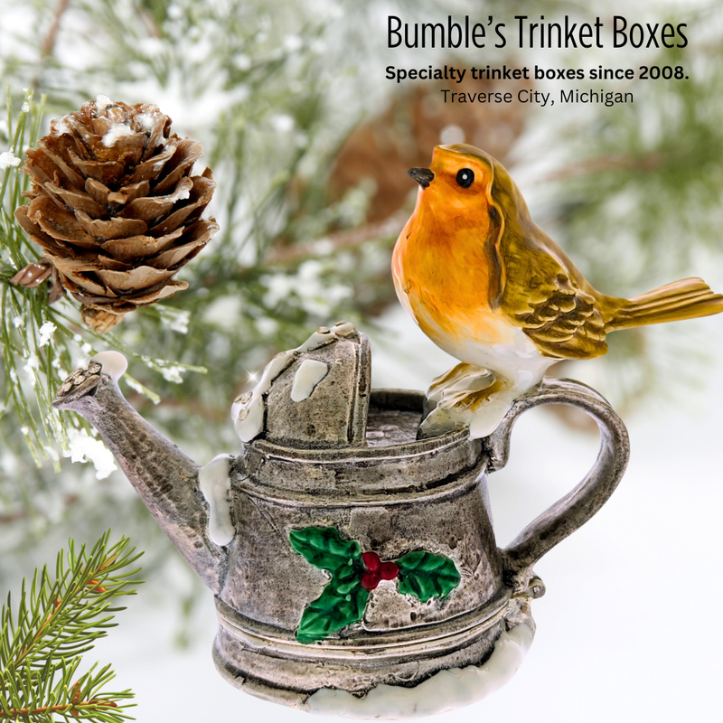 Robin on Christmas Watering Can Trinket Box