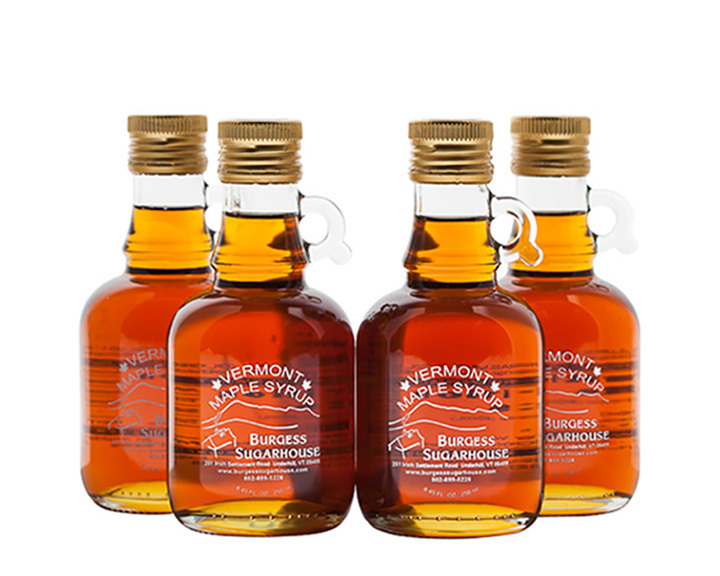 Four - 250ml (8.5 fl oz, slightly more than a half pint) Glass Jugs of Pure Vermont Maple Syrup