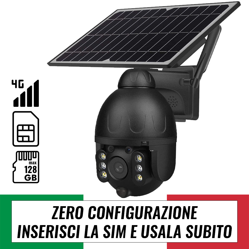Videocamera sicurezza con SIM 4G Pannello Solare Registrazione Continua su SD + [Colore NERO]