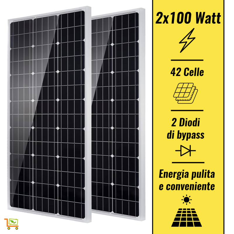 2X Pannello Solare Fotovoltaico 100W 18V Monocristallino per Off Grid, Camper, Barche, Baite