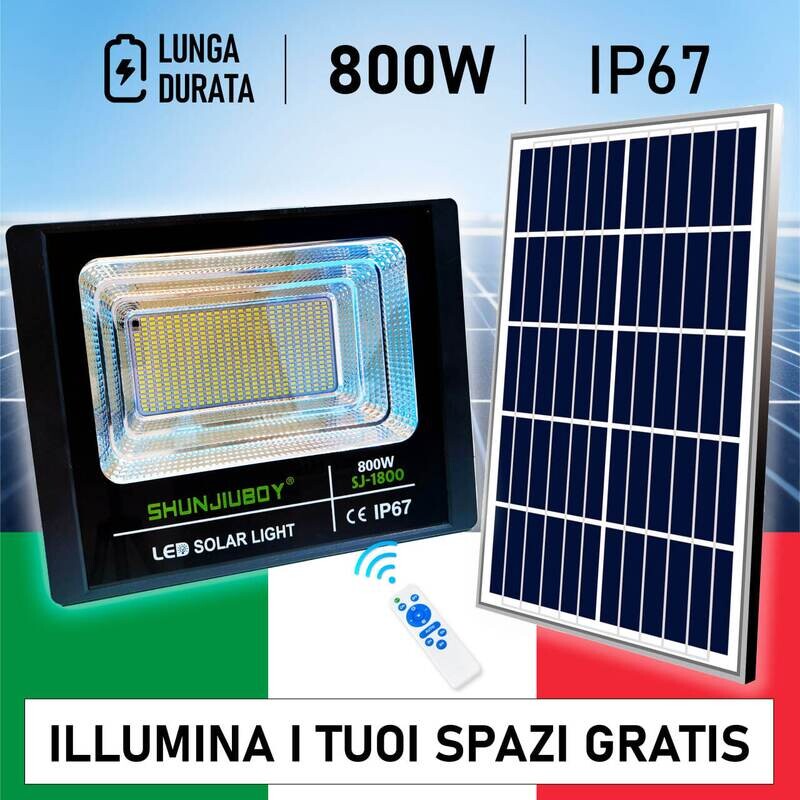 Faro 497 Led 800W con Pannello Solare Telecomando Batteria 12 Ore Faretto IP67++