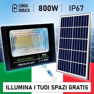 Faro 497 Led 800W con Pannello Solare Telecomando Batteria 12 Ore Faretto IP67++