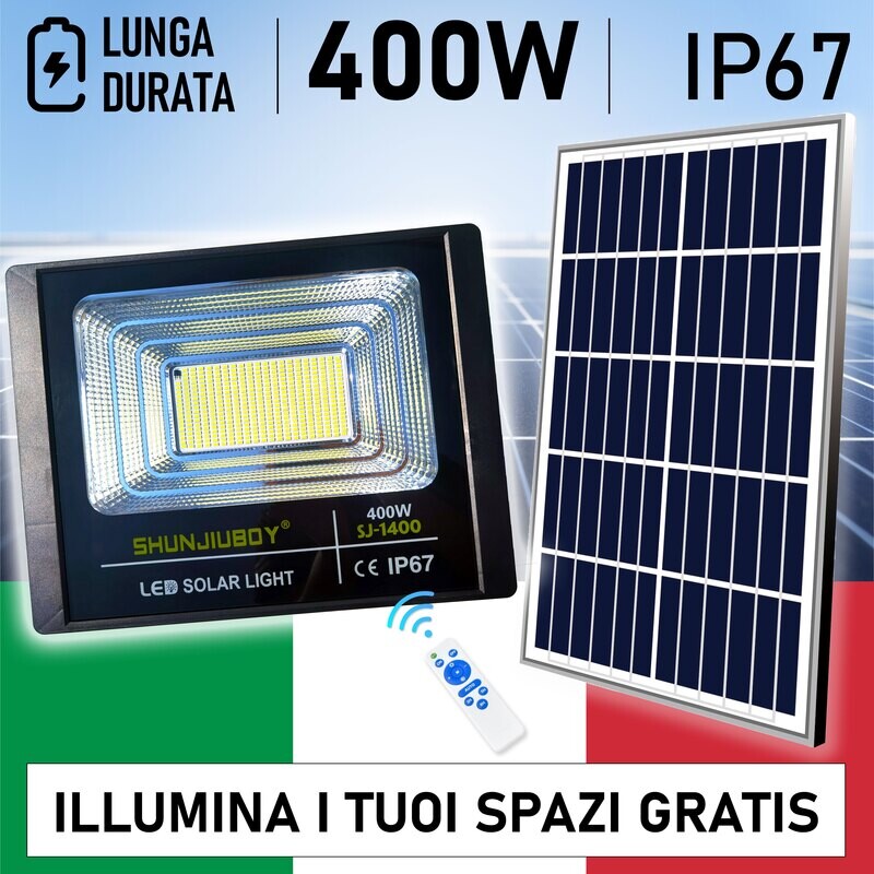 Faro 396 Led 400W con Pannello Solare Telecomando Batteria 12 Ore Faretto IP67++