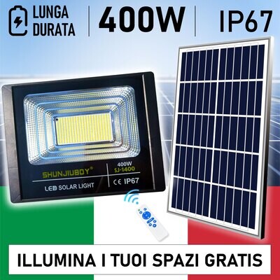 Faro 396 Led 400W con Pannello Solare Telecomando Batteria 12 Ore Faretto IP67++