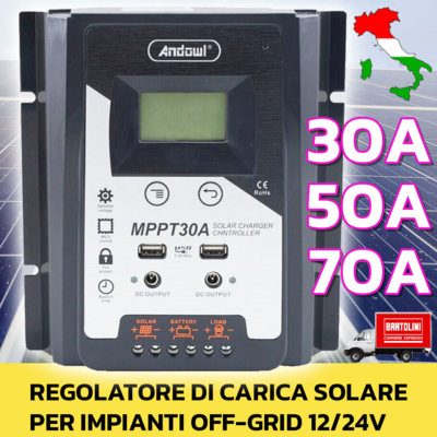 Regolatore di Carica Solare 30A/50A/70A per Impianti Off Grid 12/24V 2XUSB MPPT+