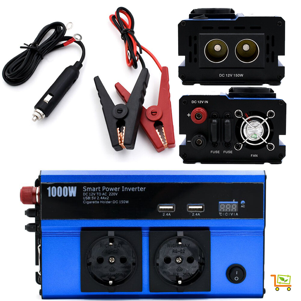 Inverter 1000W Trasformatore 12V 220V DC/AC 2 Porte USB Auto Solare Off Grid Blu
