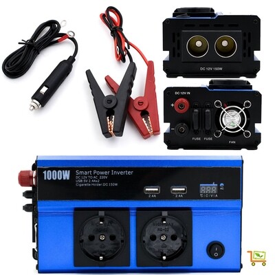 Inverter 1000W Trasformatore 12V 220V DC/AC 2 Porte USB Auto Solare Off Grid Blu