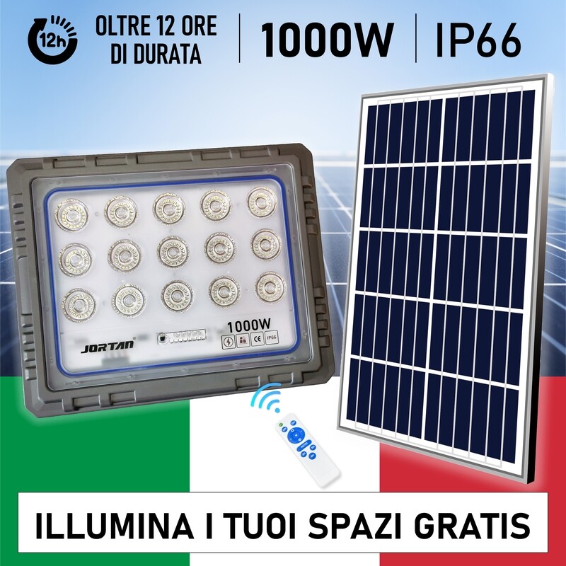 Faro Solare Jortan 1000W 810 Led con Pannello 45W Luce Potente Lunga Durata della Batteria con Telecomando
