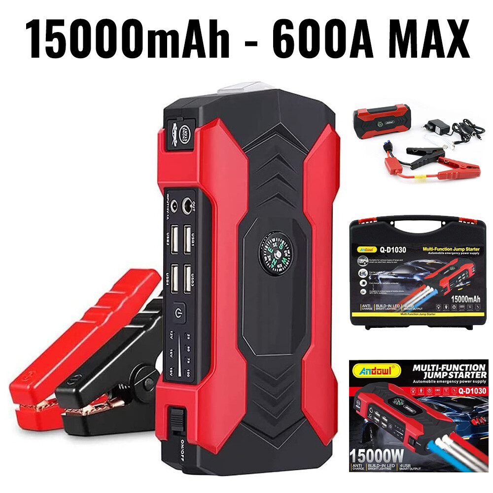 Booster Jump Starter Avviatore di Emergenza per Auto Diesel Benzina e Moto max 600A 12V 16V 19V - Power Bank 4 porte USB - Torcia Led + Bussola