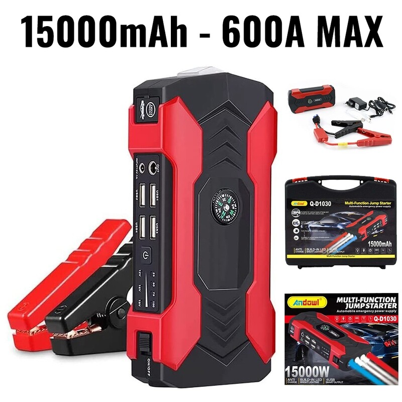 Booster Jump Starter Avviatore di Emergenza per Auto Diesel Benzina e Moto max 600A 12V 16V 19V - Power Bank 4 porte USB - Torcia Led + Bussola