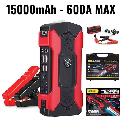 Booster Jump Starter Avviatore di Emergenza per Auto Diesel Benzina e Moto max 600A 12V 16V 19V - Power Bank 4 porte USB - Torcia Led + Bussola