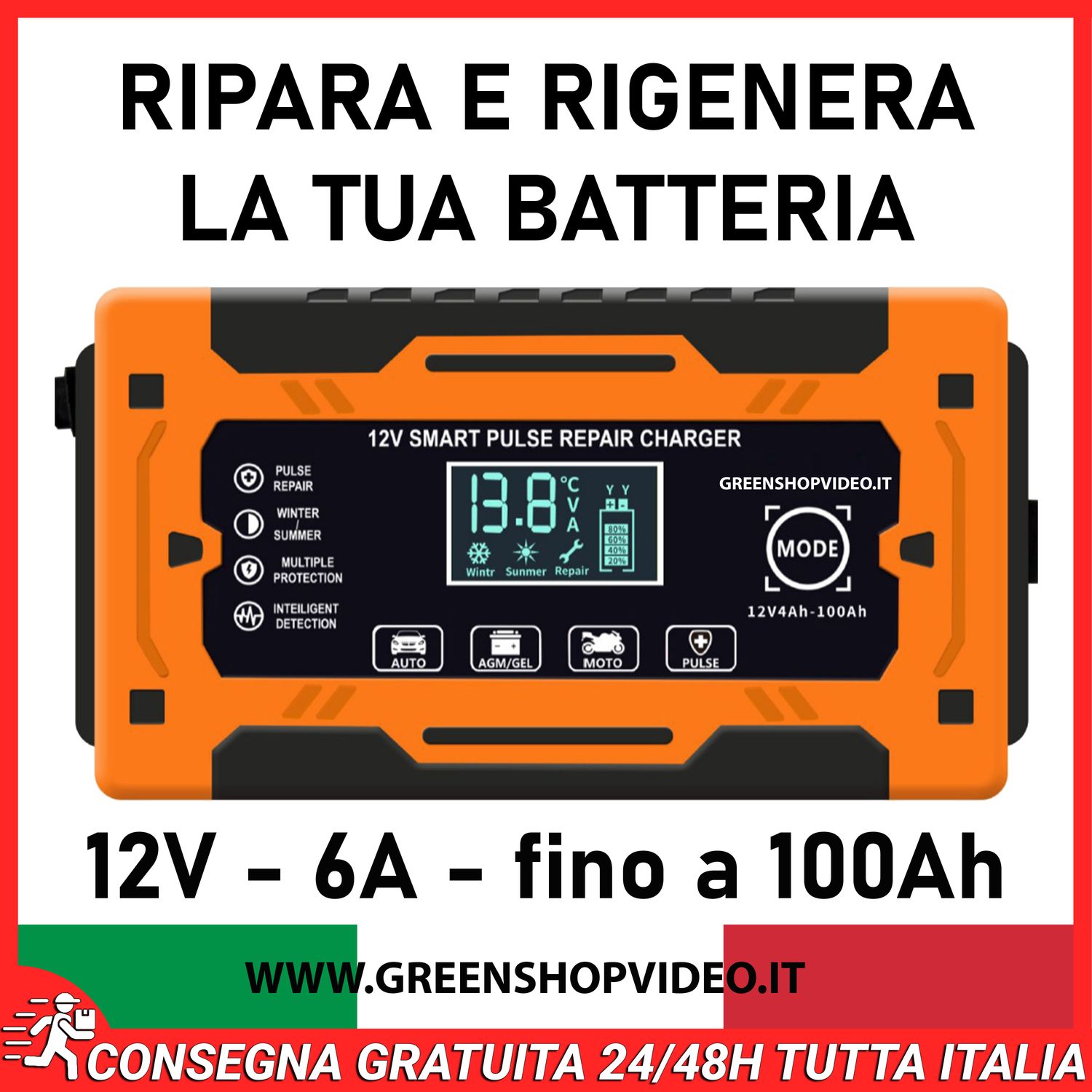 Caricabatterie Auto 12V fino a 100A Rigenera Ripara Batteria Moto Camper AGM
