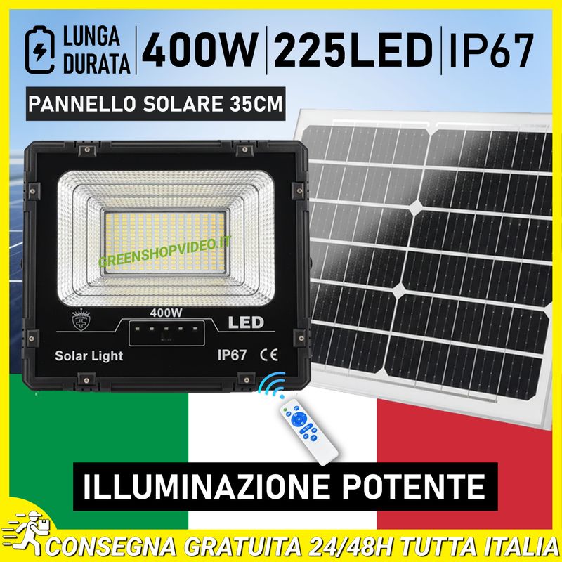 Faro 225 Led 400W con Pannello Solare Batterie al Litio Telecomando