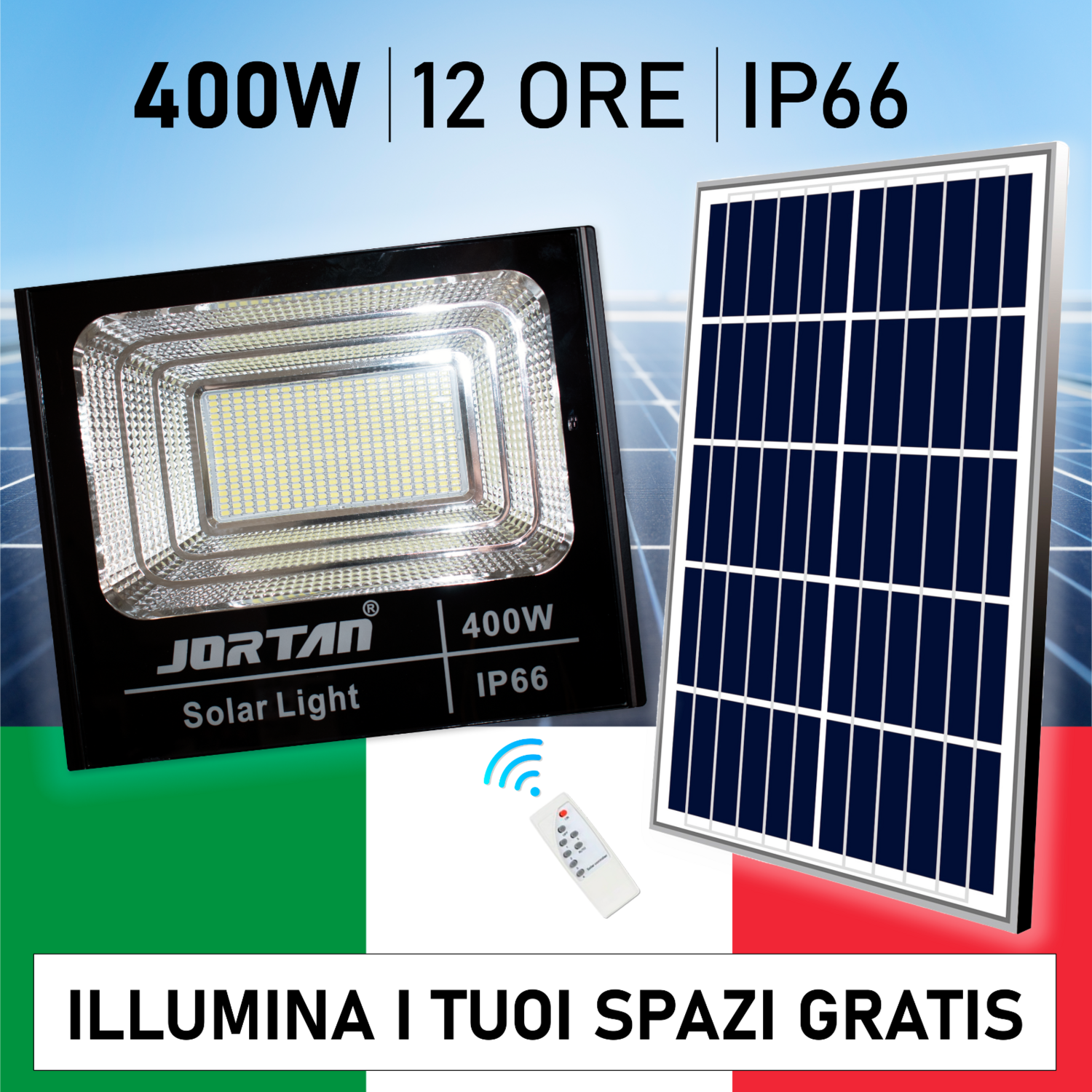 Faro Led 400W con Pannello Solare Telecomando Batteria 12 Ore Faretto IP66