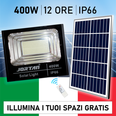 Faro Led 400W con Pannello Solare Telecomando Batteria 12 Ore Faretto IP66
