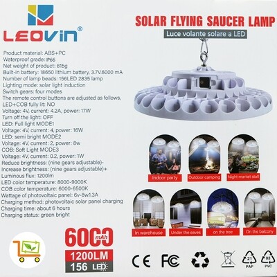 Lampada Plafoniera 200W 156 LED + COB con Pannello ad Energia Solare Telecomando