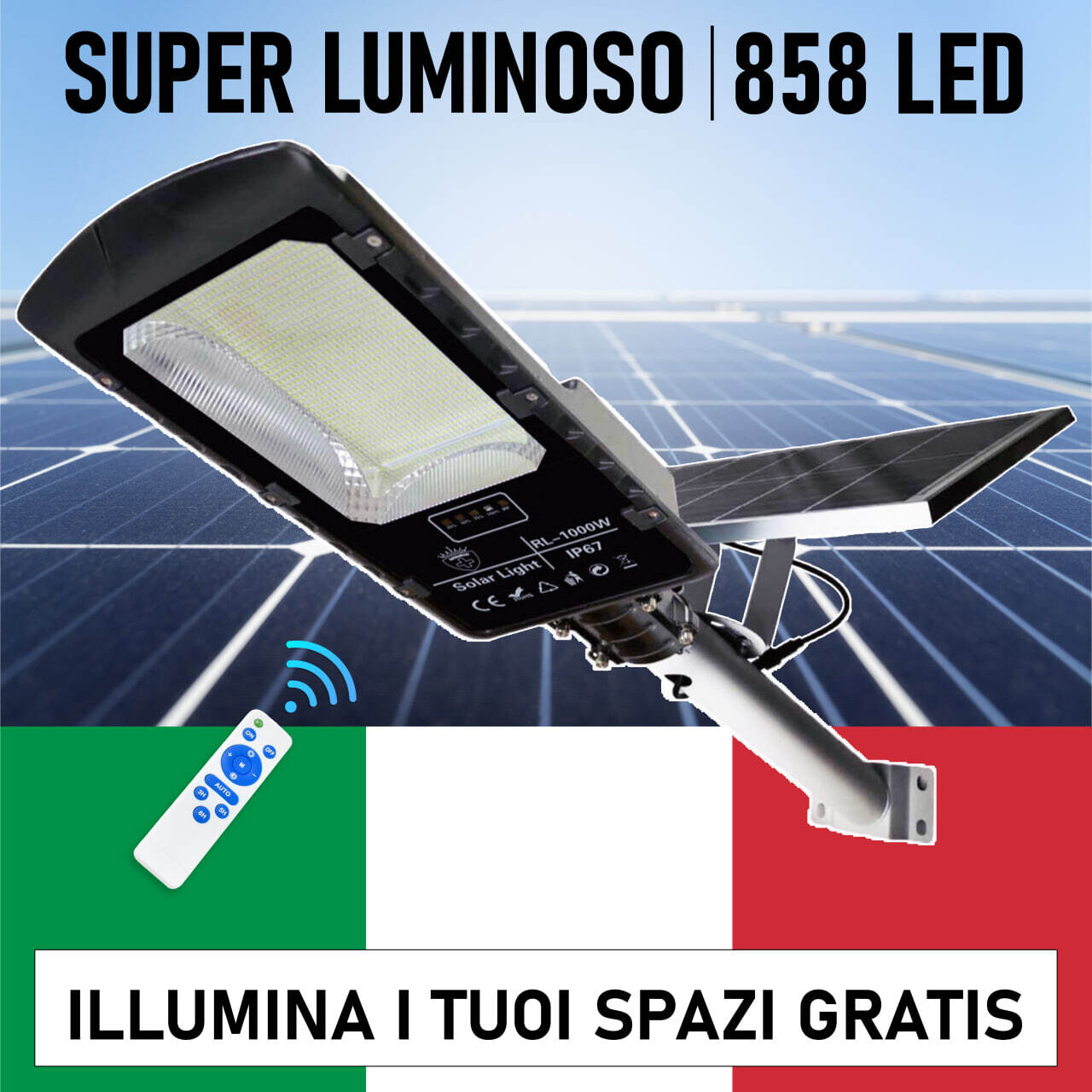 Lampione Stradale 858 Led 1000W con Pannello Solare Faro Super Luminoso